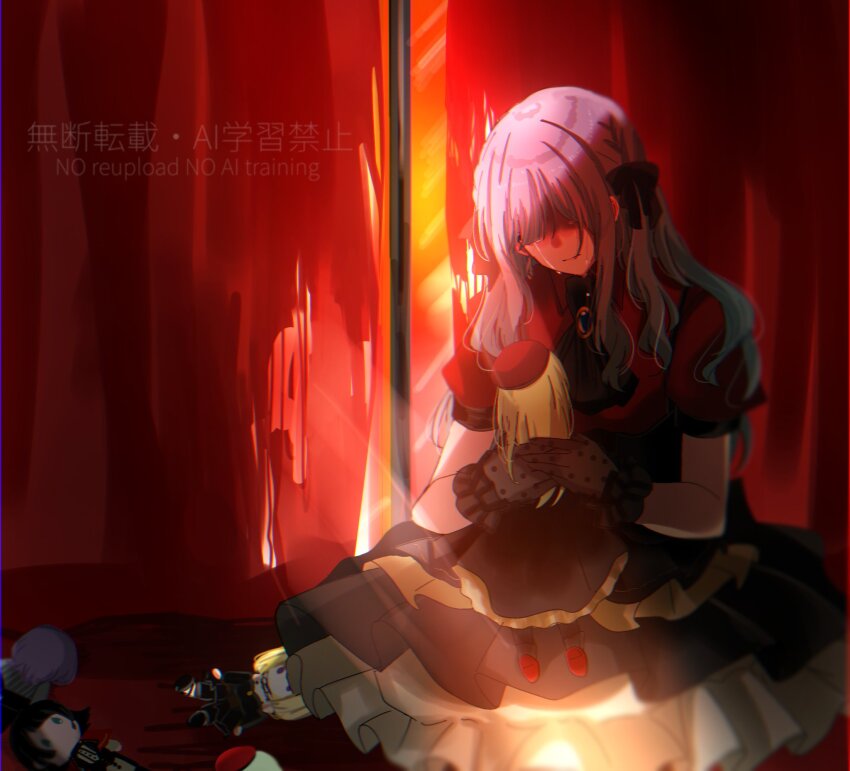 1girl amoris_(bang_dream!) asahi_rise ascot ave_mujica_(bang_dream!) bang_dream! bang_dream!_it&#039;s_mygo!!!!! black_ascot black_gloves black_skirt blue_brooch blue_hair character_doll chromatic_aberration commentary_request crying doloris_(bang_dream!) gloves hair_ribbon highres layered_skirt long_hair misumi_uika mortis_(bang_dream!) mortis_(costume)_(bang_dream!) oblivionis_(bang_dream!) puffy_short_sleeves puffy_sleeves red_shirt ribbon shirt short_sleeves sidelocks skirt solo timoris_(bang_dream!) togawa_sakiko wakaba_mutsumi yahata_umiri yuutenji_nyamu