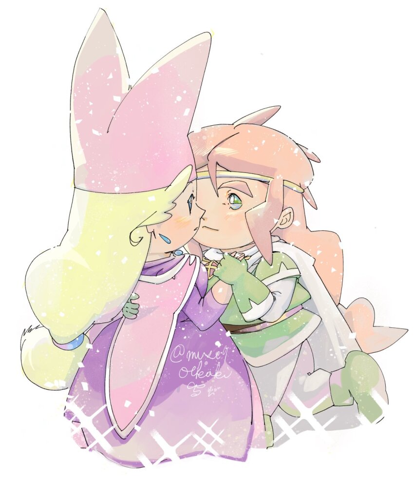 1boy 1girl blonde_hair blue_eyes blush bright_pupils cape dancing dress earrings eye_contact gloves green_eyes green_gloves green_shirt green_shoes hand_on_another&#039;s_back hand_up hat highres holding_hands jewelry long_dress long_hair looking_at_another mushi_(musi9_oekaki) narcia orange_hair pants pietro_pakapuka pink_dress pink_hat popolocrois_monogatari_2 purple_dress shirt shoes sidelocks standing standing_on_one_leg thick_eyebrows twitter_username white_cape white_pants white_pupils