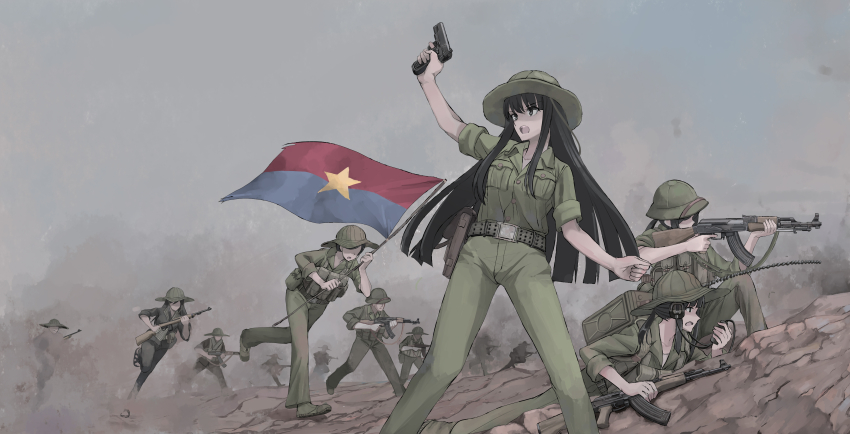 6+girls absurdres ammunition_pouch assault_rifle black_hair black_pants black_shirt boonie_hat field_radio finger_on_trigger green_pants green_shirt grey_eyes gun handgun headphones highres holster homuhomu1208 kalashnikov_rifle m1_carbine military military_combat_uniform military_uniform multiple_girls original pants people&#039;s_army_of_vietnam pouch rifle shirt soldier tokarev_tt-33 type_56_assault_rifle viet_cong viet_cong_flag vietnam_war war weapon