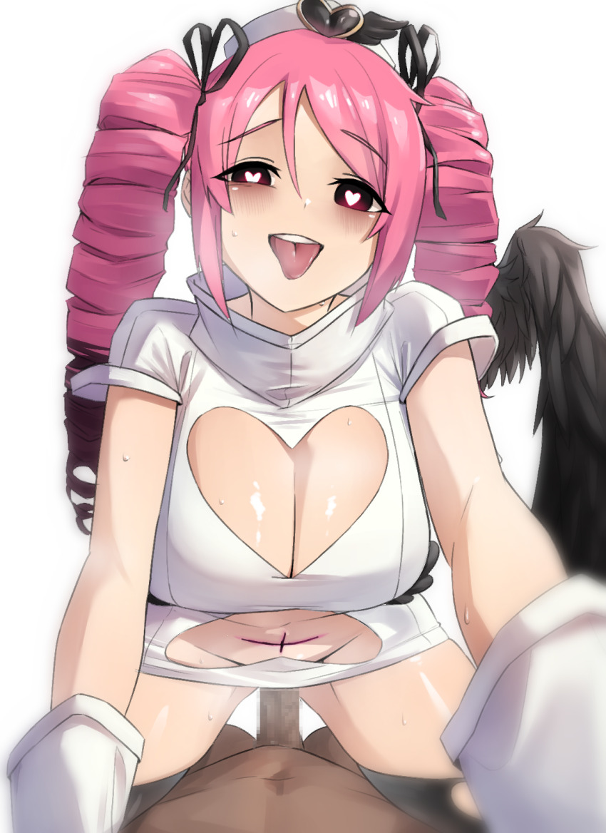 1boy 1girl black_ribbon black_wings blush breasts cleavage cleavage_cutout clothing_cutout commentary commission cowgirl_position cross dress drill_hair english_commentary fallen_angel feathered_wings gloves gradient_hair groin hair_between_eyes hair_ribbon hanabishi_haruka hat hat_ornament heart heart_cutout heart_hat_ornament heart_in_eye hetero highres huge_breasts leaning_forward long_hair looking_at_viewer magia_magenta magia_magenta_(la_verita) mahou_shoujo_ni_akogarete multicolored_hair nouka nurse nurse_cap penis pink_eyes pink_hair pubic_tattoo ribbon sex short_sleeves simple_background single_wing smile solo_focus stomach stomach_cutout straddling sweat symbol_in_eye tattoo teeth thighs tongue tongue_out twin_drills twintails two-tone_hair upper_teeth_only vaginal white_background white_dress white_gloves white_hat wing_hat_ornament wings