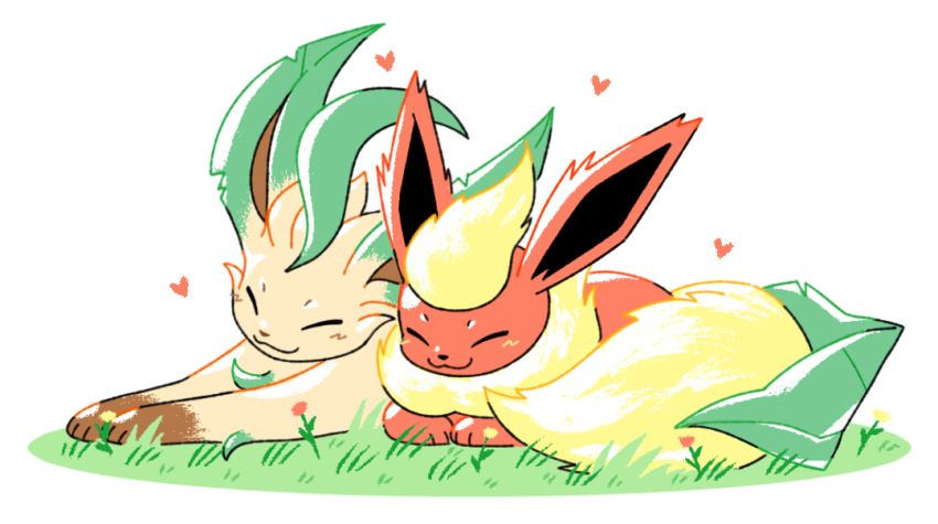 closed_eyes closed_mouth colored_lineart commentary commission creature creature_focus english_commentary flareon flower full_body gen_1_pokemon gen_4_pokemon gotchibam grass heart ko-fi_commission leafeon nintendo no_humans on_grass pokemon pokemon_(creature) sidelighting simple_background sitting smile white_background yellow_flower