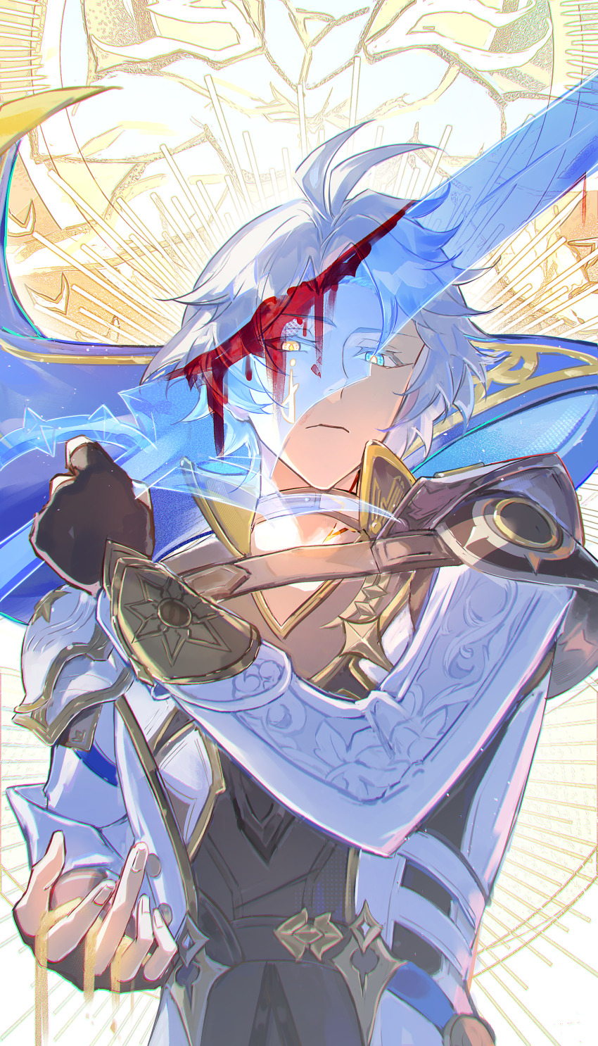 1boy absurdres antenna_hair black_gloves blood bloody_weapon blue_eyes blue_sword choker colored_skin energy_sword fingerless_gloves gloves heterochromia highres honkai:_star_rail honkai_(series) jacket liquid_gold liquid_metal long_sleeves looking_at_viewer male_focus pauldrons phainon_(honkai:_star_rail) roscoe_(onyx_black89) short_hair shoulder_armor solo star_(symbol) sun_symbol sword tagme weapon white_hair white_jacket white_skin yellow_pupils