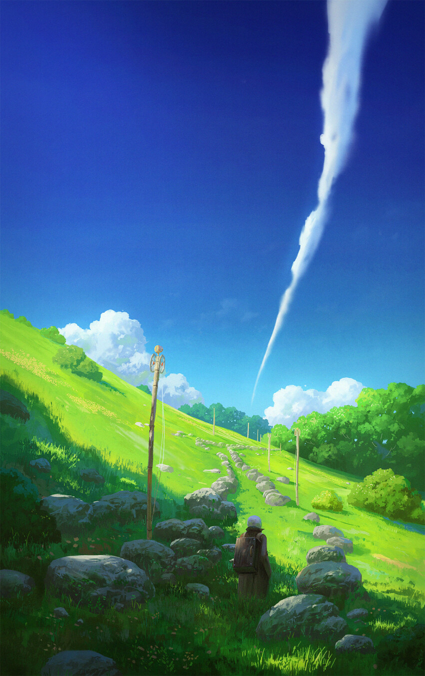1boy backpack bag blue_sky box brown_coat bush cloud coat commentary cyclecircle day english_commentary facing_away from_behind ginko_(mushishi) grass highres landscape long_sleeves male_focus mushishi outdoors pole road scenery shade sky smoke solo standing stone white_hair