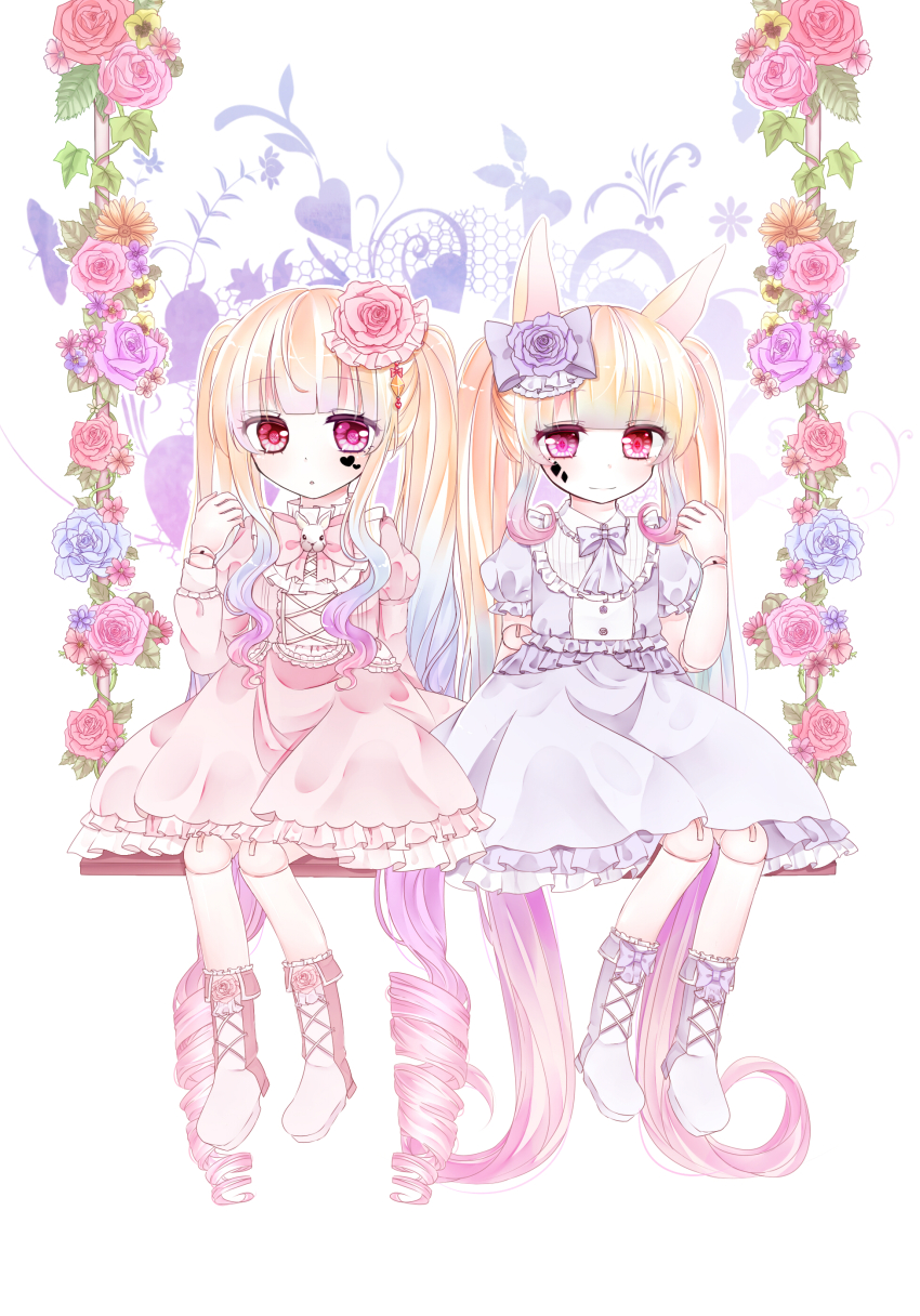 2girls absurdly_long_hair absurdres animal_ears blonde_hair collared_dress commentary_request diamond_facial_mark doll_joints dress facial_mark flower french_commentary frilled_dress frills gradient_hair heart heart_facial_mark heterochromia highres hosimiya_yume joints long_hair multicolored_hair multiple_girls original pink_dress pink_eyes pink_flower pink_hair pink_shoes puffy_short_sleeves puffy_sleeves purple_dress purple_flower purple_shoes rabbit_ears red_eyes shoes short_sleeves sidelocks swing twintails very_long_hair