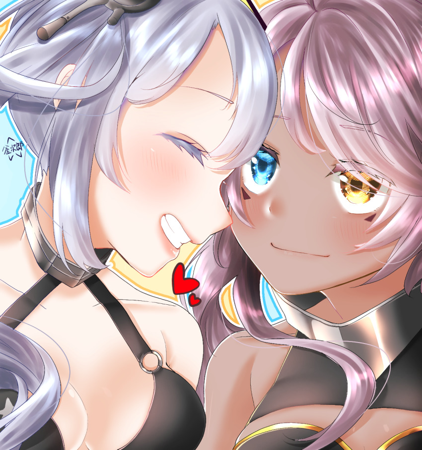 2girls azur_lane bikini black_bikini blue_eyes blush breasts cleavage closed_mouth dark-skinned_female dark_skin closed_eyes grin heart heterochromia highres indianapolis_(azur_lane) medium_breasts mikuri_kamazirou multiple_girls pink_hair portland_(azur_lane) siblings side_ponytail sisters smile swimsuit translation_request white_hair yellow_eyes