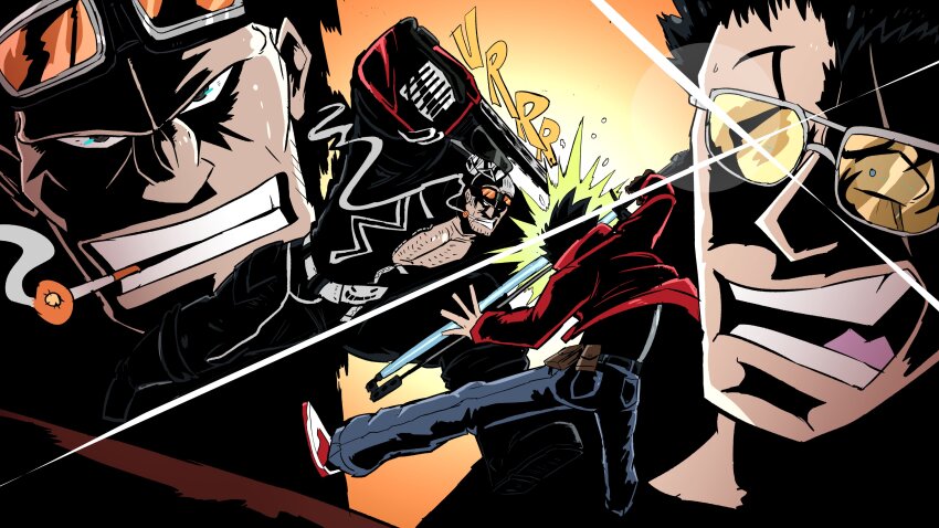 2boys absurdres black_hair chainsaw cigarette close-up crossover deputy_rust energy_sword eyewear_on_head highres jack_cayman jacket madworld multiple_boys no_more_heroes red_jacket smoking sunglasses surprised sword sword_clash travis_touchdown weapon