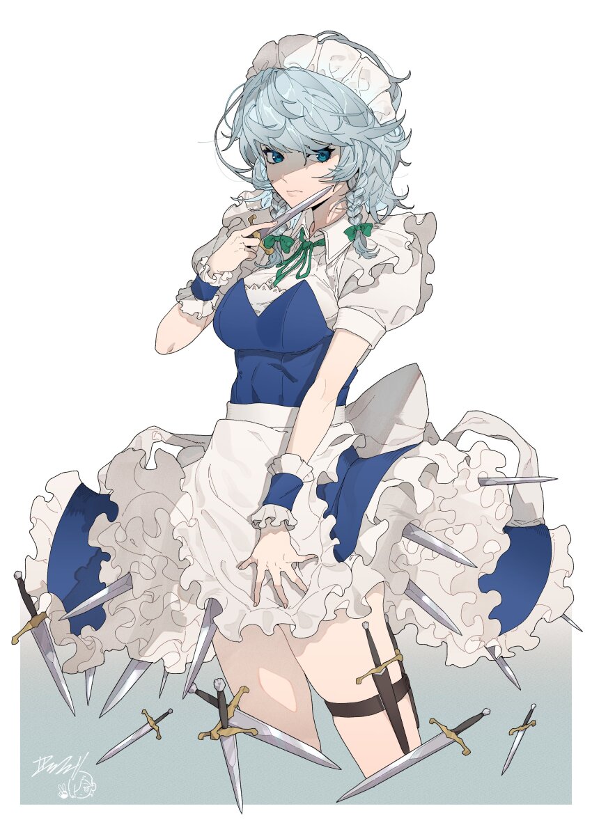 1girl absurdres apron blue_eyes bow braid breasts cowboy_shot dagger dress gradient_background green_bow green_ribbon grey_background grey_hair hair_bow highres holding holding_dagger holding_knife holding_weapon holster izayoi_sakuya knife maid maid_headdress medium_breasts neck_ribbon ribbon shimiya_jin short_hair solo thigh_holster touhou twin_braids weapon