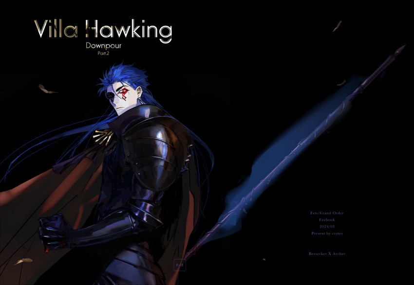 1boy armor artist_name black_armor black_background blue_hair closed_mouth crimo cu_chulainn_(fate) facial_mark fate/grand_order fate_(series) gae_bolg_(fate) gauntlets highres holding holding_polearm holding_weapon long_hair looking_at_viewer male_focus polearm simple_background solo weapon