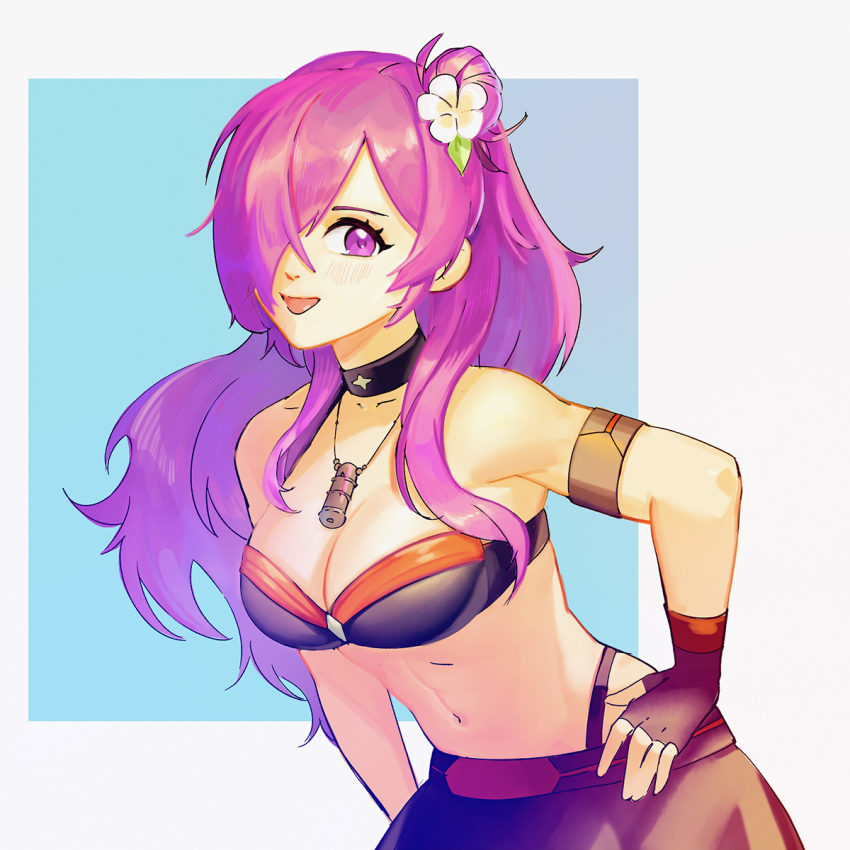1girl bikini black_bikini black_choker breasts choker cleavage eili_enie female_shez_(fire_emblem) female_shez_(summer)_(fire_emblem) fingerless_gloves fire_emblem fire_emblem:_three_houses fire_emblem_heroes fire_emblem_warriors:_three_hopes flower gloves hair_bun hair_flower hair_ornament hair_over_one_eye highres large_breasts long_hair looking_at_viewer navel nintendo official_alternate_costume purple_eyes purple_hair smile solo swimsuit whistle whistle_around_neck white_flower