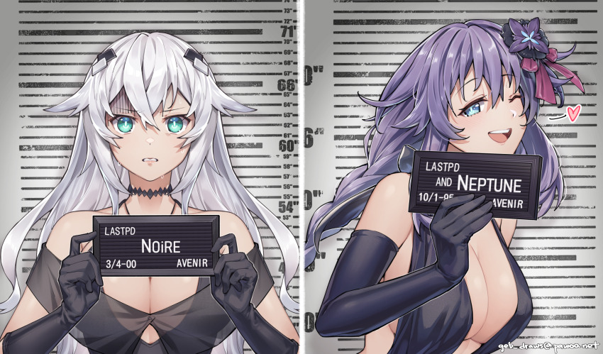 2girls aqua_eyes barbie_(franchise) barbie_(live_action) barbie_mugshot_(meme) bare_shoulders black_heart_(neptunia) blush breasts card character_name cleavage cleavage_cutout clothing_cutout elbow_gloves english_text ge-b gloves hair_between_eyes hair_ornament height_chart height_mark highres holding holding_card holding_sign large_breasts long_hair looking_at_viewer meme mugshot multiple_girls nameplate neptune_(neptunia) neptune_(series) noire_(neptunia) open_mouth power_symbol power_symbol-shaped_pupils purple_heart_(neptunia) sign smile sweatdrop symbol-shaped_pupils teeth upper_body very_long_hair white_hair