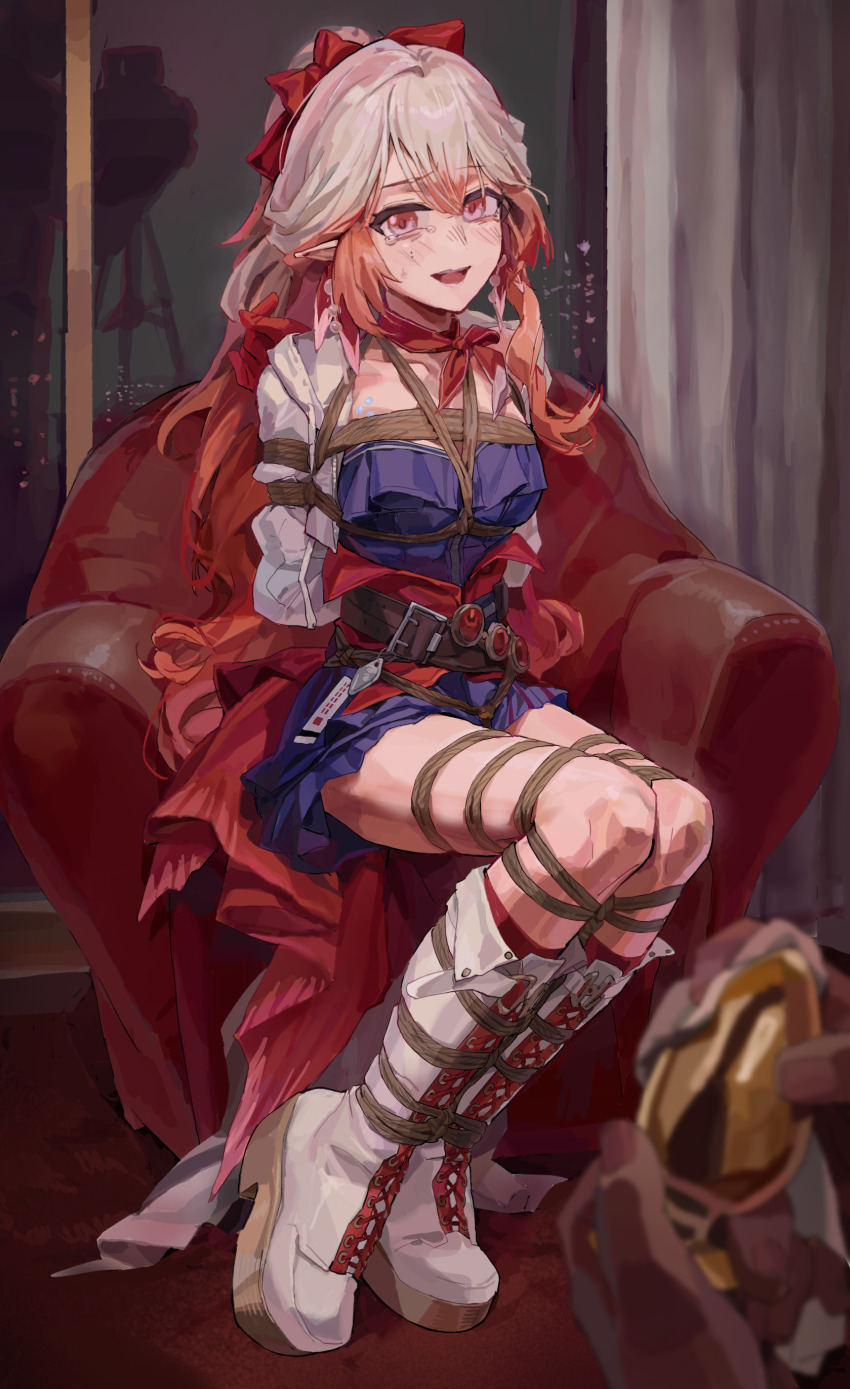1girl :d a_tea absurdres arknights armchair arms_behind_back bdsm belt blue_dress bondage boots bound bound_arms bound_legs bow breast_bondage breasts brown_belt butt_plug chair chinese_commentary collarbone colored_tips commentary_request cropped_jacket crying crying_with_eyes_open curtains dildo dress earrings fold-over_boots full_body hair_between_eyes hair_bow haruka_(arknights) highres holding holding_sex_toy indoors jacket jewelry lace-up_boots long_hair long_sleeves looking_at_viewer multicolored_hair on_chair open_clothes open_jacket open_mouth orange_hair out_of_frame overskirt pearl_earrings platform_boots pointy_ears ponytail red_eyes red_hair red_overskirt red_ribbon red_scarf reflection ribbon scarf sex_toy shibari shibari_over_clothes short_dress sitting skindentation small_breasts smile solo tears teeth two-tone_hair upper_teeth_only very_long_hair video_camera white_boots white_hair white_jacket
