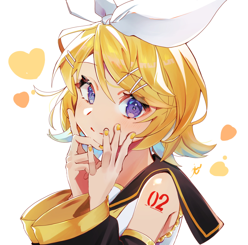 1girl absurdres aqua_hair bare_shoulders blonde_hair blue_eyes bow closed_mouth detached_sleeves from_side hair_bow hair_ornament hairclip hands_on_own_cheeks hands_on_own_face heart highres inubangarou kagamine_rin looking_at_viewer medium_hair number_tattoo portrait sailor_collar simple_background smile solo swept_bangs tattoo upper_body vocaloid white_background wide_sleeves yellow_nails