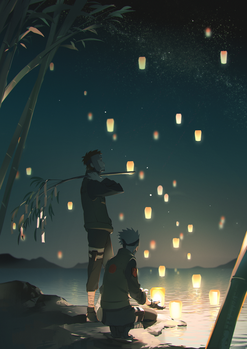 2boys absurdres branch brown_hair full_body green_vest grey_hair hatake_kakashi highres holding holding_branch konohagakure_shinobi_uniform lantern lantern_on_liquid long_sleeves male_focus multiple_boys naruto_(series) naruto_shippuuden night night_sky ofuda outdoors pants paper_lantern sf_(sf_404) short_hair sky sky_lantern smile vest yamato_(naruto)