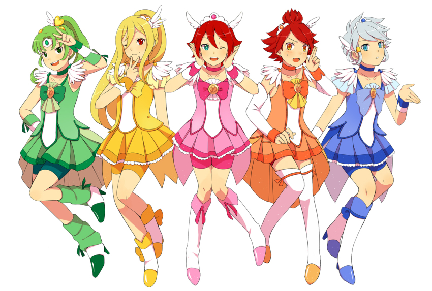 5boys afuro_terumi bad_id bad_pixiv_id blue_skirt boots bow cosplay crossdressing crossdressing_(mtf) cure_beauty cure_beauty_(cosplay) cure_happy cure_happy_(cosplay) cure_march cure_march_(cosplay) cure_peace cure_peace_(cosplay) cure_sunny cure_sunny_(cosplay) green_shorts green_skirt inazuma_eleven inazuma_eleven_(series) kiyama_hiroto knee_boots look-alike male_focus midorikawa_ryuuji multiple_boys nagumo_haruya name_connection orange_skirt pink_shorts pink_skirt precure rice-bao shorts shorts_under_skirt skirt smile_precure! suzuno_fuusuke trap white_background yellow_bow yellow_shorts yellow_skirt