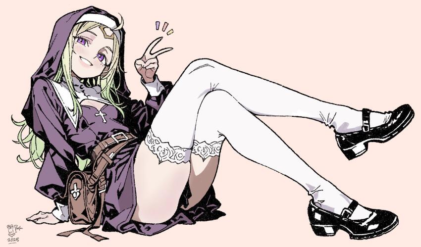 1girl ahoge alternate_costume artist_logo belt belt_pouch black_dress black_shoes breasts cleavage_cutout clothing_cutout commentary cross dated dress english_commentary fire_emblem fire_emblem_awakening full_body green_hair grin hairband highres lace lace-trimmed_thighhighs lace_trim latin_cross logo long_hair looking_at_viewer loose_belt mary_janes nintendo notice_lines nowi_(fire_emblem) nun pouch purple_eyes shelovesbali shoes sidelocks simple_background small_breasts smile solo thighhighs v white_hairband white_thighhighs