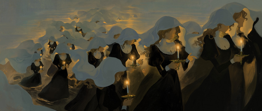 6+girls absurdres black_dress blonde_hair brown_hair candle candlelight candlestand closed_eyes closed_mouth commentary_request covered_eyes cross dress facing_ahead floating_hair highres holding juliet_sleeves long_hair long_sleeves multiple_girls nun original parade puffy_sleeves surreal too_many wading walking water wavy_hair yaqing