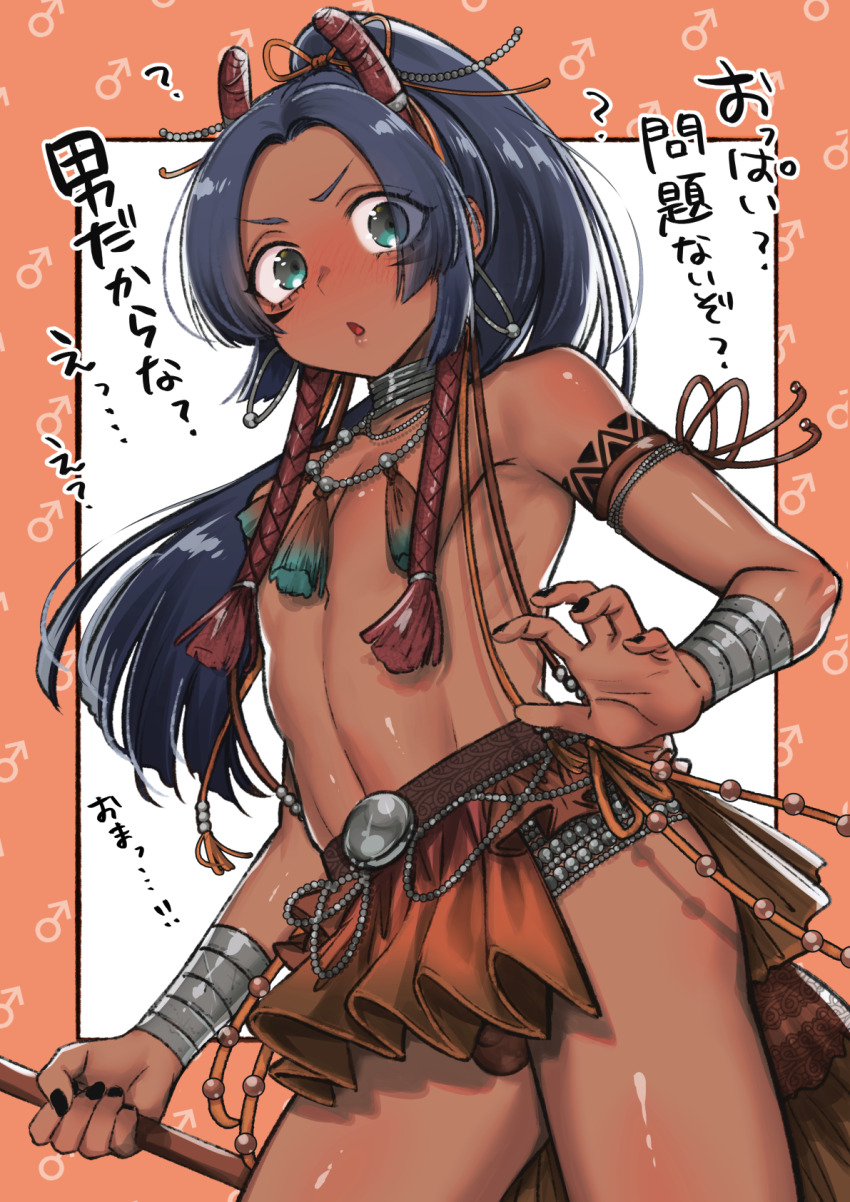 1boy ? arm_tattoo armlet black_nails chestnut_mouth dark_skin earrings facepaint highres hoop_earrings jewelry long_hair looking_at_viewer mars_symbol morino_bambi nail_polish necklace orange_background original solo tattoo topless_male trap