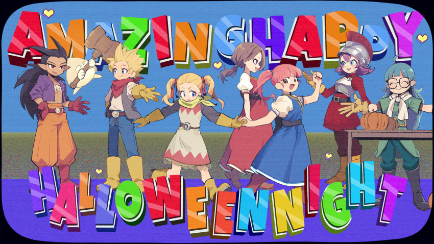 2boys 5girls :d anessa_(dqb2) aqua_hair armor black_vest blonde_hair blue_dress blue_eyes blunt_bangs boots breastplate brown_boots brown_eyes brown_hair chako_(dqb2) commentary_request dark-skinned_male dark_skin dragon_quest dragon_quest_builders_2 dress fang female_builder_(dqb2) film_grain fringe_trim glasses gloves green_shirt hair_horns hair_pulled_back hair_ribbon hammer hammerhood_(dragon_quest) hand_on_own_hip heart helmet highres holding holding_hammer holding_hands jewelry long_hair looking_at_another looking_to_the_side low_ponytail male_builder_(dqb2) multiple_boys multiple_girls nashi_kashi neckerchief necklace open_clothes open_mouth open_shirt orange_pants pants parted_hair pero_(dqb2) pink_hair pointy_ears ponytail profile pumpkin purple_hair purple_shirt red_boots red_dress red_eyes red_gloves red_neckerchief red_ribbon red_tunic ribbon ruru_(dqb2) shiro_jii_(dqb2) shirt shirt_under_dress side_ponytail sidoh_(dqb2) skull_belt smile song_name spiked_hair tooth_necklace tunic twintails vest white_shirt yellow_boots yellow_gloves yellow_neckerchief