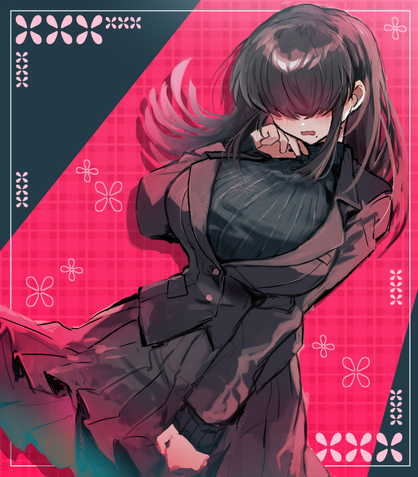 1girl black_hair black_sweater blazer blush breasts fuji_den_fujiko hair_over_eyes highres jacket kakure_meme kimi_no_koto_ga_dai_dai_dai_dai_daisuki_na_100-nin_no_kanojo large_breasts long_hair long_sleeves mole mole_under_mouth open_mouth pantyhose pleated_skirt ribbed_sweater skirt solo sweater turtleneck turtleneck_sweater