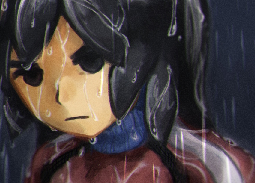 1boy black_eyes black_hair closed_mouth commentary frown highres long_hair male_focus mii_(nintendo) mii_brawler mii_brawler_(smash_ultimate) nintendo no_pupils nyo02921978 portrait rain solo super_smash_bros. upper_body wet wet_hair