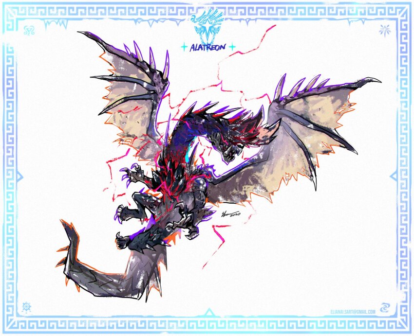 alatreon border character_name claws dated dragon dragon_wings eliz0r email_address highres horns looking_to_the_side monster monster_hunter:_world monster_hunter_(series) monster_hunter_world:_iceborne no_humans signature simple_background sparks tail wings