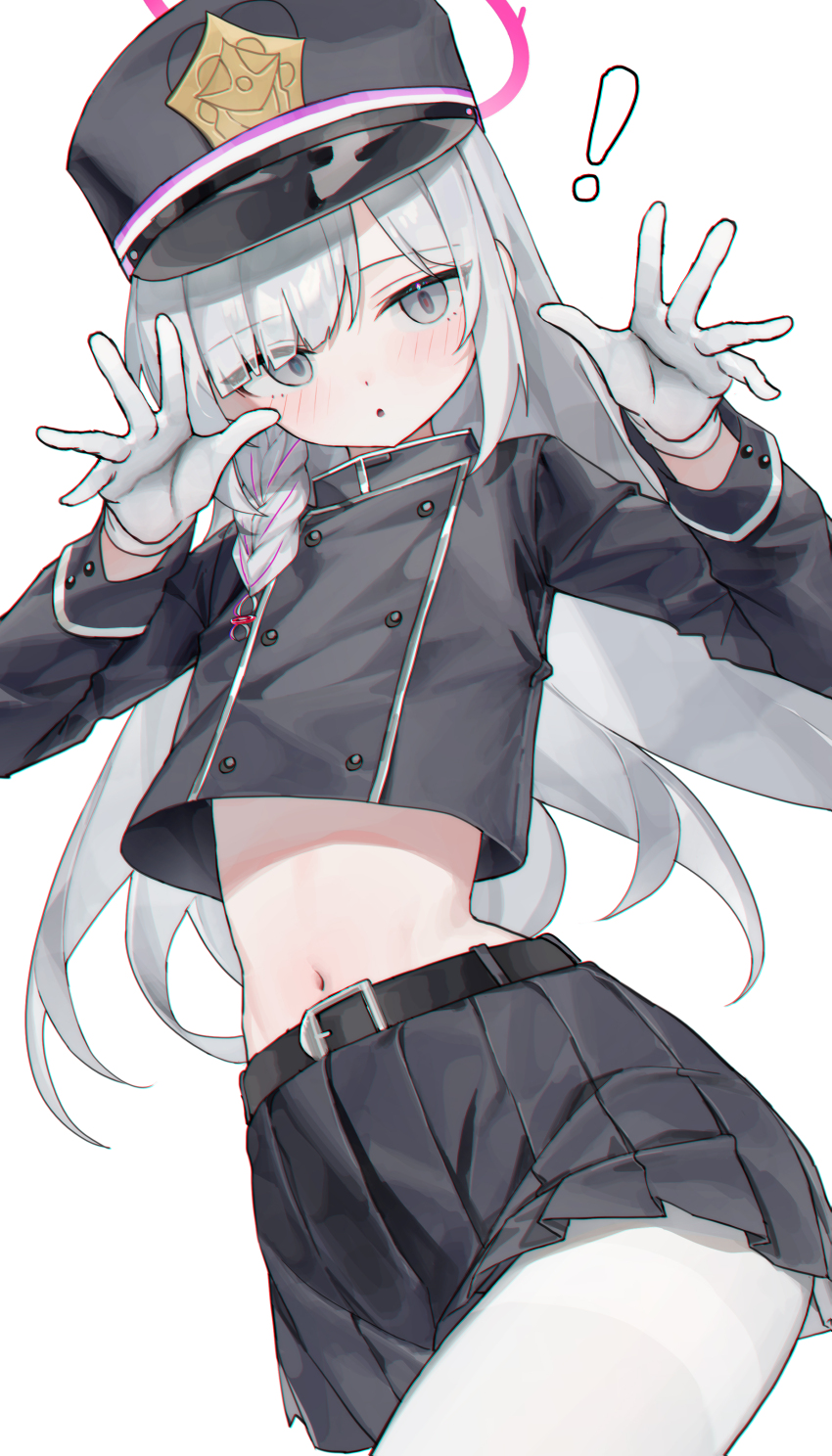 ! 1girl absurdres belt black_belt black_shirt black_skirt blue_archive commentary cosplay gloves grey_eyes grey_hair halo hands_up highres hikari_(blue_archive)_(cosplay) huu_(dighapdlxm12) long_hair long_sleeves looking_at_viewer navel pantyhose parted_lips plana_(blue_archive) shirt simple_background skirt solo stomach white_background white_gloves white_pantyhose