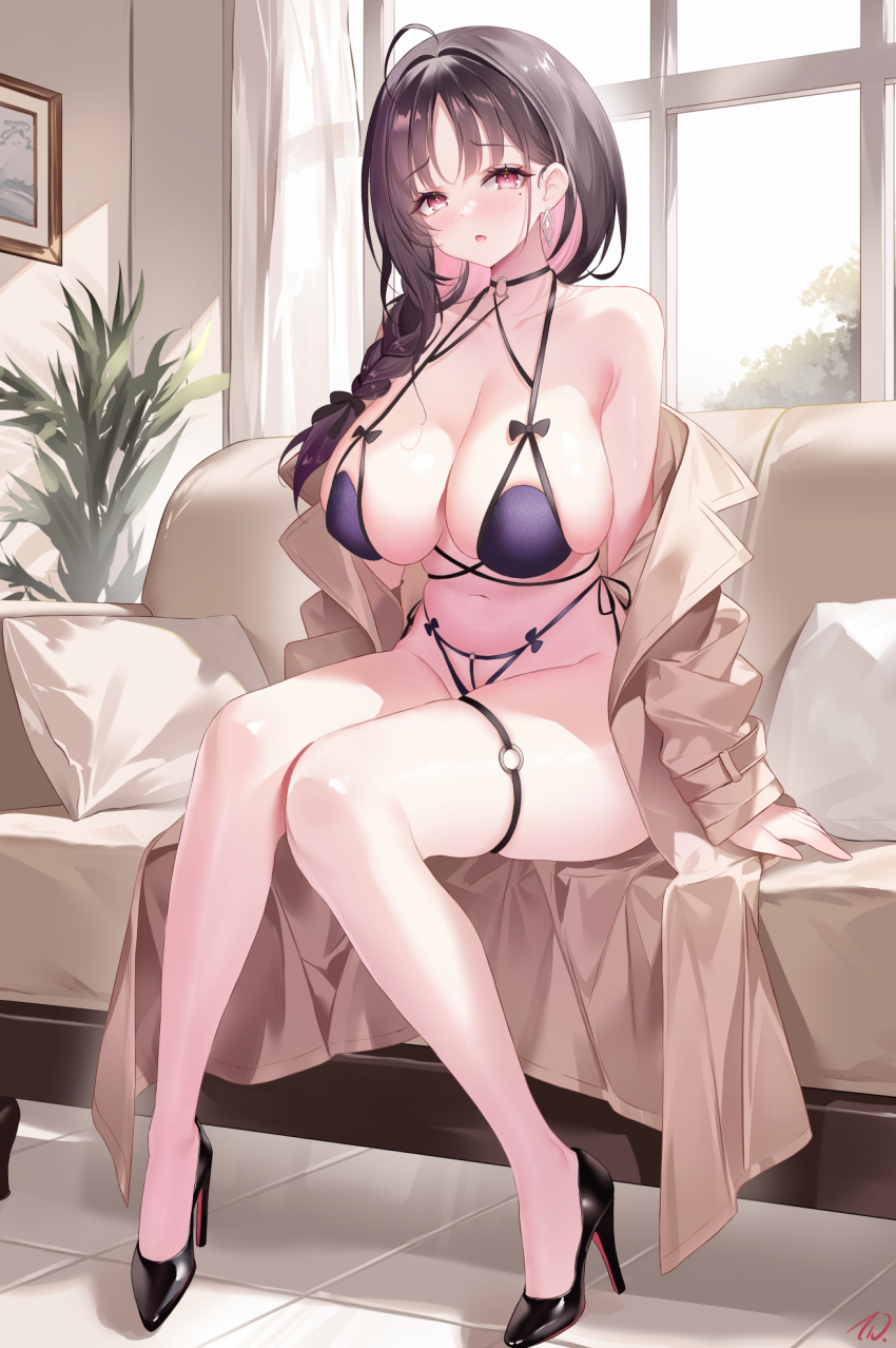 1girl azur_lane breasts brown_coat cleavage coat couch full_body high_heels highres huge_breasts indoors lingerie nanoda002_(saber427) official_alternate_costume on_couch open_clothes open_coat open_mouth pillow sitting solo thigh_strap thighs ting_an_(azur_lane) ting_an_(undercover_or_uncovered?!)_(azur_lane) underwear