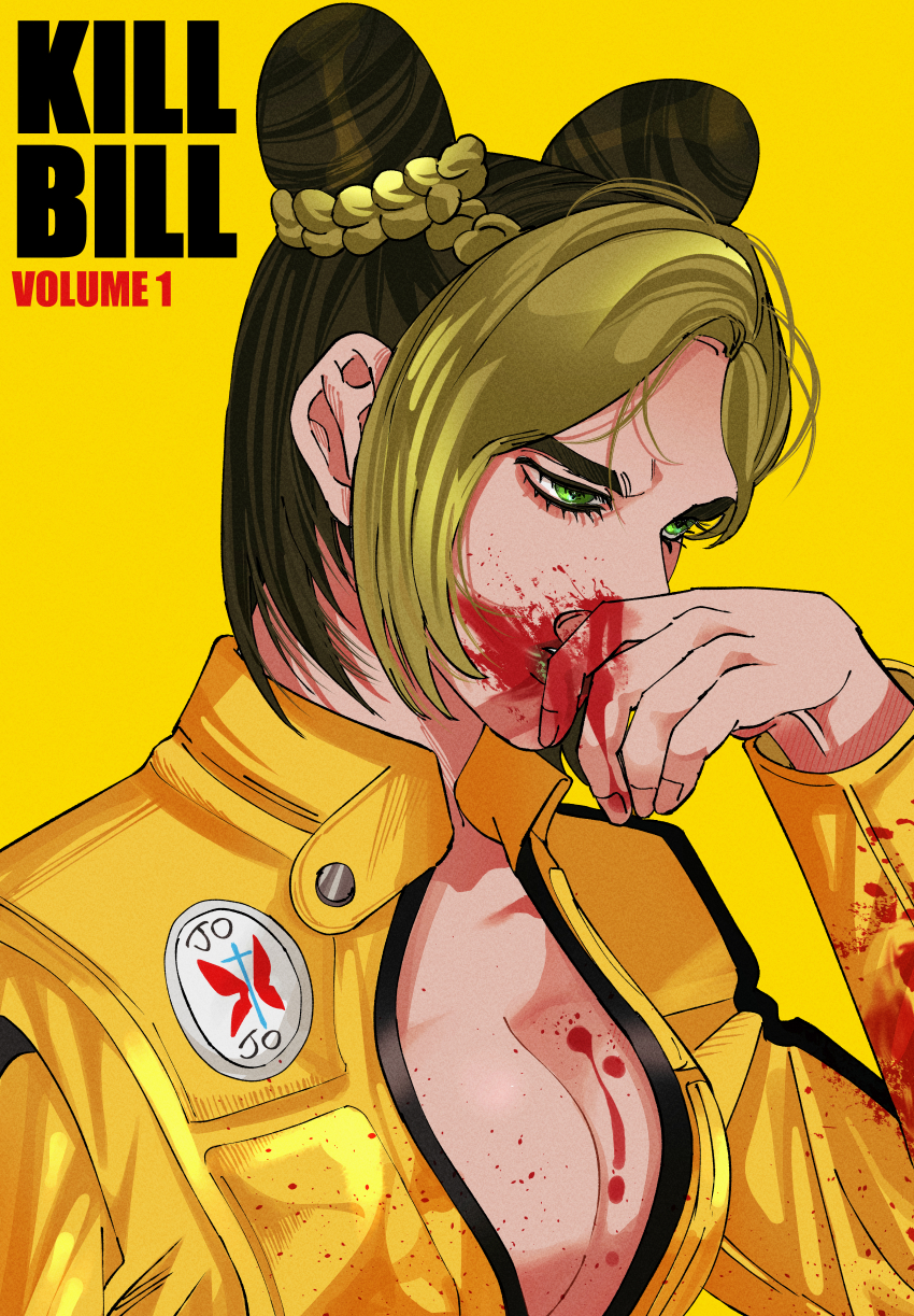 1girl absurdres beatrix_kiddo beatrix_kiddo_(cosplay) black_hair blood blood_on_breasts blood_on_face blood_on_hands breasts bun_with_braided_base cleavage commentary copyright_name cosplay danggo99 double_bun green_eyes grey_hair hair_bun highres jojo_no_kimyou_na_bouken jumpsuit kill_bill korean_commentary kuujou_jolyne medium_breasts multicolored_hair nosebleed profile solo stone_ocean two-tone_hair upper_body yellow_jumpsuit