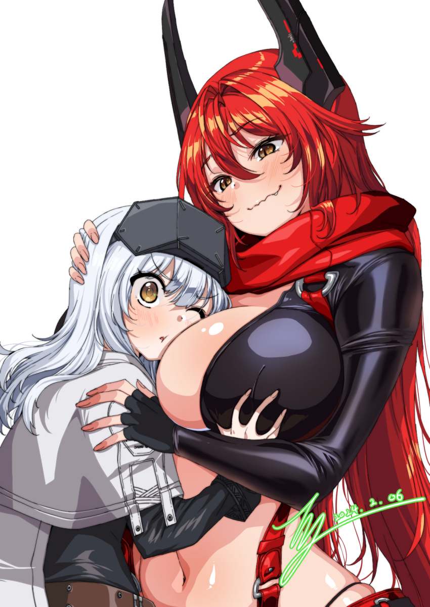 2girls antenna_hair belt between_breasts black_dress black_gloves black_jacket blush breast_smother breasts brown_belt cleavage cloak closed_mouth commentary commission cowboy_shot cropped_jacket dress face_to_breasts fang fang_out fingerless_gloves gloves goddess_of_victory:_nikke grabbing_another&#039;s_breast groping hair_between_eyes hair_intakes head-mounted_display head_between_breasts height_difference highres horns hug jacket large_breasts leather leather_jacket long_hair long_sleeves looking_at_another mechanical_horns multiple_girls navel one_eye_closed parted_lips rantia red_hair red_hood_(nikke) red_scarf scarf sidelocks signature simple_background skindentation smile smother snow_white_(innocent_days)_(nikke) snow_white_(nikke) standing stomach suspenders wavy_mouth white_background white_cloak white_hair yellow_eyes