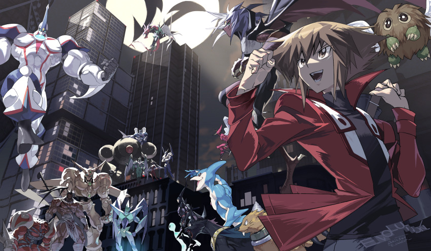 1girl 2others 6+boys absurdres artist_name black_shirt blue_eyes brown_eyes brown_hair building city duel_academy_uniform_(yu-gi-oh!_gx) duel_monster e_volution elemental_hero_avian elemental_hero_bladedge elemental_hero_bubbleman elemental_hero_burstinatrix elemental_hero_clayman elemental_hero_flame_wingman elemental_hero_necroshade elemental_hero_neos elemental_hero_prisma elemental_hero_sparkman elemental_hero_wildheart everyone feathered_wings hero_signal highres horns jacket multicolored_hair multiple_boys multiple_others neo-spacian_air_hummingbird neo-spacian_aqua_dolphin neo-spacian_dark_panther neo-spacian_flare_scarab neo-spacian_glow_moss neo-spacian_grand_mole open_clothes open_jacket open_mouth pants purple_hair red_jacket shirt single_horn two-tone_hair white_hair winged_kuriboh wings yu-gi-oh! yu-gi-oh!_gx yubel yuki_judai