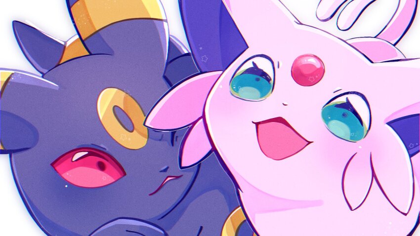 blue_eyes commentary_request dot_nose espeon forehead_jewel gem gen_2_pokemon highres looking_at_another looking_up nintendo no_humans one_eye_closed open_mouth parted_lips paw_up pokemon pokemon_(creature) red_eyes red_gemstone simple_background soramame_0701 umbreon white_background