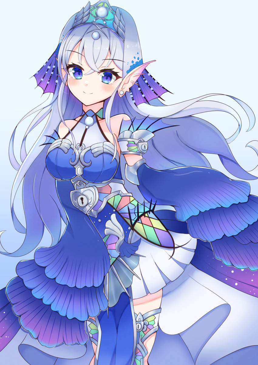 1girl absurdres arm_fins blue_eyes blush breasts closed_mouth collarbone duel_monster fins fish_girl grey_hair hair_between_eyes head_fins highres kitkallos_(yu-gi-oh!) lock long_hair looking_at_viewer maruq_2826 medium_breasts pelvic_curtain simple_background skirt smile solo tearlaments_kitkallos thighhighs tiara white_skirt white_thighhighs yu-gi-oh!