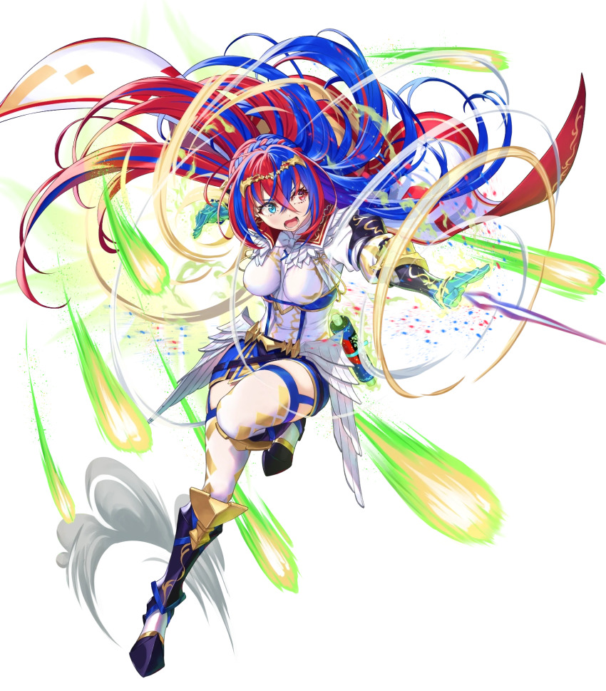 1girl armor armored_boots blue_eyes blue_hair boots breasts cape energy female_alear_(awoken_divinity)_(fire_emblem) female_alear_(fire_emblem) female_focus fire_emblem fire_emblem_engage fire_emblem_heroes full_body gauntlets gloves glowing gold_trim heterochromia highres jewelry knee_boots kousei_horiguchi leg_up long_hair long_sleeves matching_hair/eyes medium_breasts miniskirt multicolored_hair nintendo non-web_source official_art open_mouth pale_skin puffy_sleeves red_eyes red_hair scroll skirt solo teeth thighhighs tiara transparent_background zettai_ryouiki