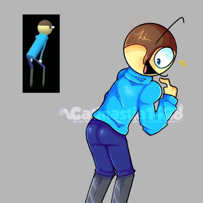 ass blue_pants blue_pupils blue_shirt dave_(moldygh) dave_and_bambi_mod friday_night_funkin&#039; from_behind highres looking_back open_mouth pants shirt solo surprised tagme