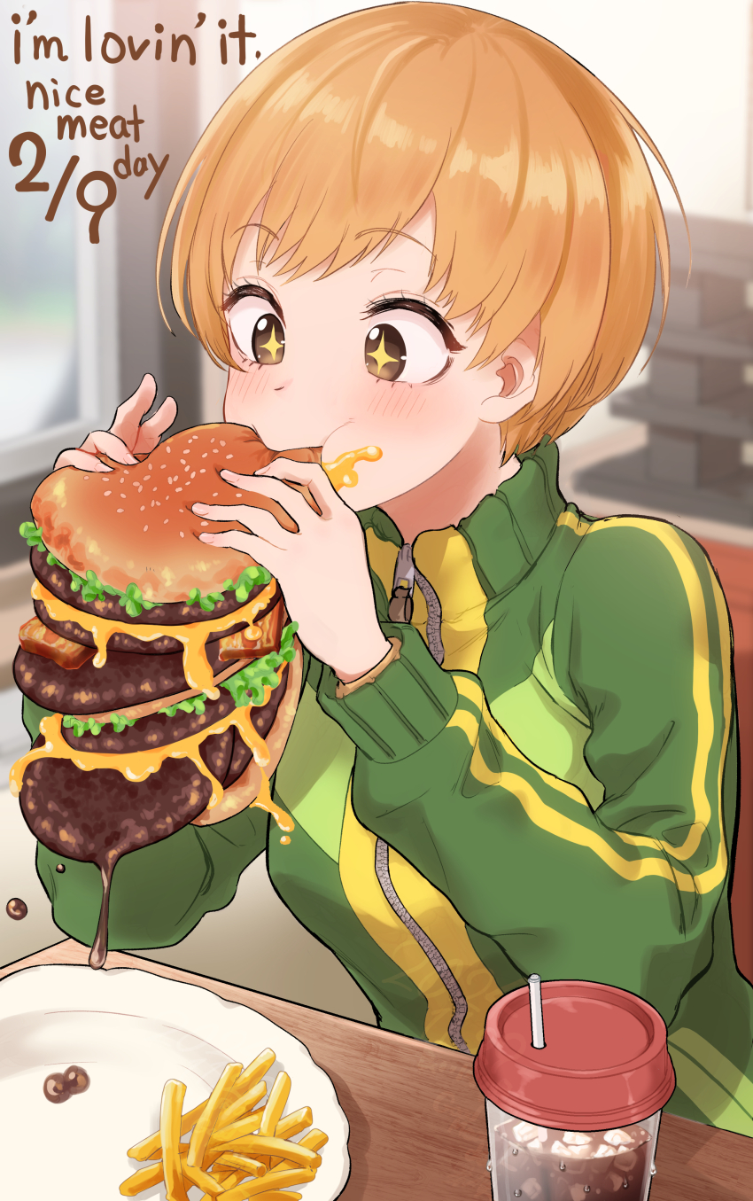 1girl absurdres bacon beef biting blurry blurry_background blush bread breasts brown_hair burger burger_malfunction cheese commentary cup dated disposable_cup double_vertical_stripe drink drinking_straw dripping eating english_text eyelashes food food_on_face french_fries green_jacket highres ice jacket kurosususu lettuce mcdonald&#039;s medium_breasts messy multicolored_jacket on_bench persona persona_4 plate restaurant revision satonaka_chie sesame_seeds short_hair simple_background sitting slogan soda solo sparkling_eyes swept_bangs table tomboy two-tone_jacket yellow_jacket yellow_trim zipper zipper_pull_tab