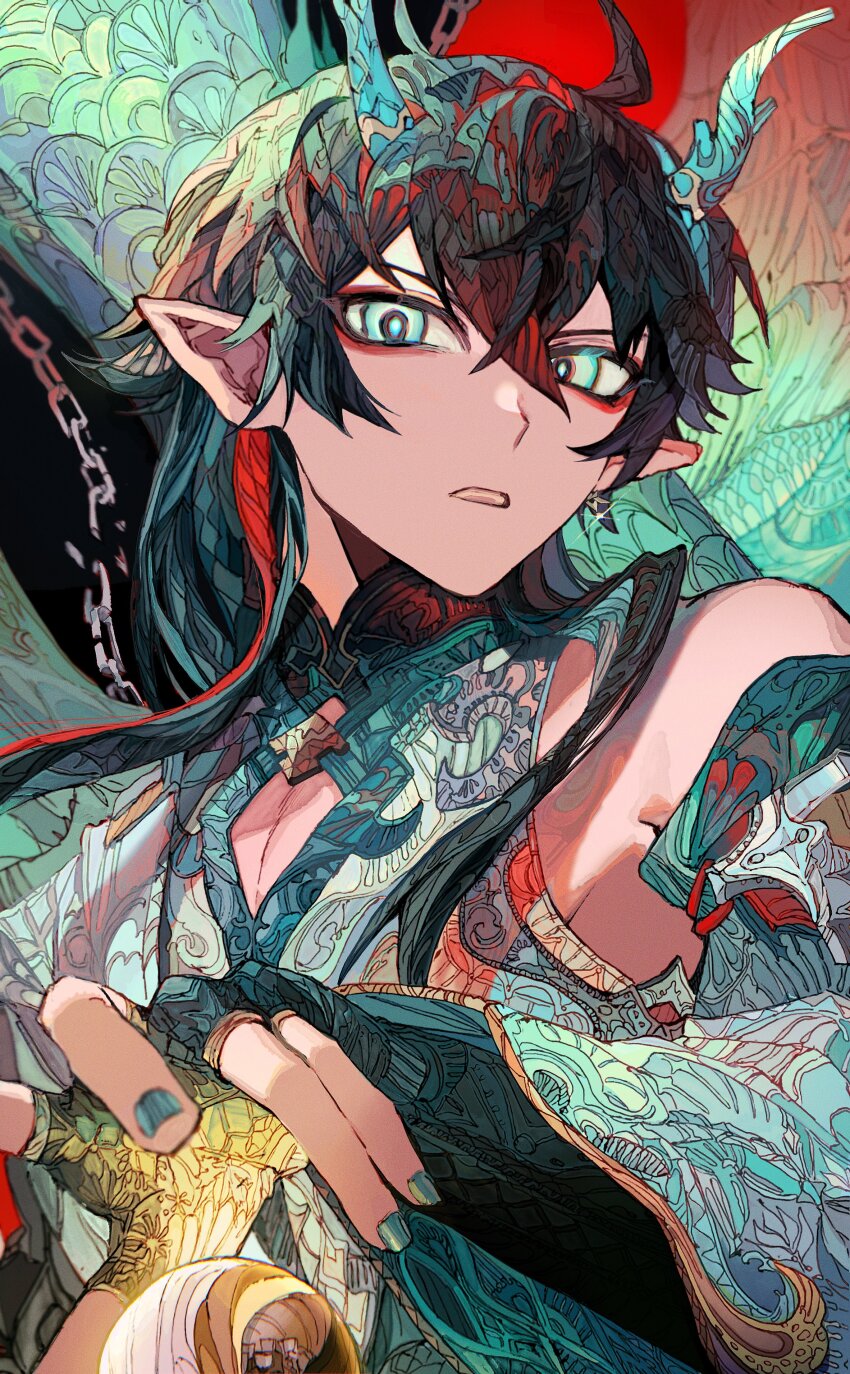 1boy absurdres aqua_nails broken broken_chain chain chinese_clothes dan_heng_(honkai:_star_rail) dan_heng_(imbibitor_lunae)_(honkai:_star_rail) dragon_boy eastern_dragon_horns green_horns highres honkai:_star_rail honkai_(series) horns looking_at_viewer makeup open_mouth pectoral_cleavage pectorals pointy_ears translation_request upper_body yadu_nadu