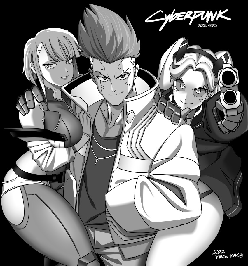 1boy 2girls absurdres black_background breasts cd_projekt_red colored_sclera cyberpunk_(series) cyberpunk_2077 cyberpunk:_edgerunners david_martinez eyeliner gun hand_in_pocket highres jacket kansu_kansu leotard lucy_(cyberpunk) makeup mohawk monochrome multiple_girls rebecca_(cyberpunk) smirk trigger_(company) underwear weapon