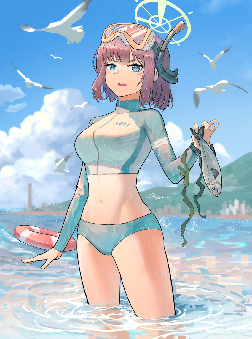 absurdres animal beach bird blue_archive blue_eyes blue_sky blush cloud cumulonimbus_cloud diving_mask diving_mask_on_head diving_suit embarrassed fish frown gblamgo goggles goggles_on_head green_halo halo highres holding holding_animal holding_fish innertube kelp light_blush long_sleeves looking_at_viewer navel ocean official_alternate_costume open_mouth outdoors purple_hair rash_guard saki_(blue_archive) saki_(swimsuit)_(blue_archive) seagull seaweed short_hair sky snorkel snorkel_mask swim_ring swimsuit thighs turtleneck two-tone_swimsuit wading watch water wet wet_clothes wet_swimsuit white_swimsuit wristwatch zipper