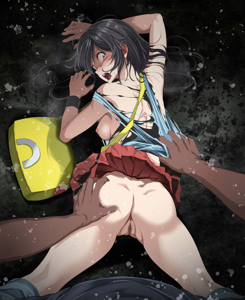 1boy 1girl absurdres ass black_eyes black_hair blush censored clothes_lift crying dark-skinned_male dark_skin grey_eyes hetero highres holding_ass huge_filesize imminent_rape leaf_(pokemon) long_hair looking_at_viewer looking_back lying messy_hair mosaic_censoring nintendo nipples on_stomach open_mouth pokemon pokemon_frlg pov pov_crotch pov_hands pussy red_skirt scared shirt skirt skirt_lift solo_focus tears torn_clothes torn_shirt tsukishiro_saika variant_set wristband yellow_bag