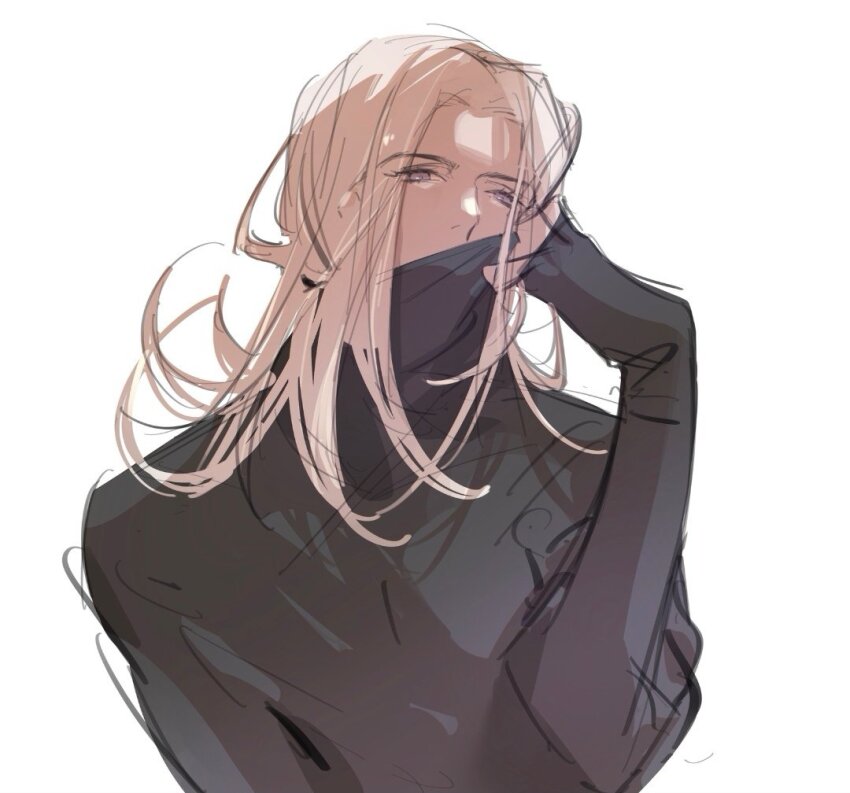1boy arm_up black_shirt commentary covered_mouth curtained_hair fandangyu grey_eyes hashtag-only_commentary jojo_no_kimyou_na_bouken leone_abbacchio looking_ahead male_focus shirt simple_background sketch sleeves_past_wrists solo turtleneck upper_body vento_aureo white_background white_hair
