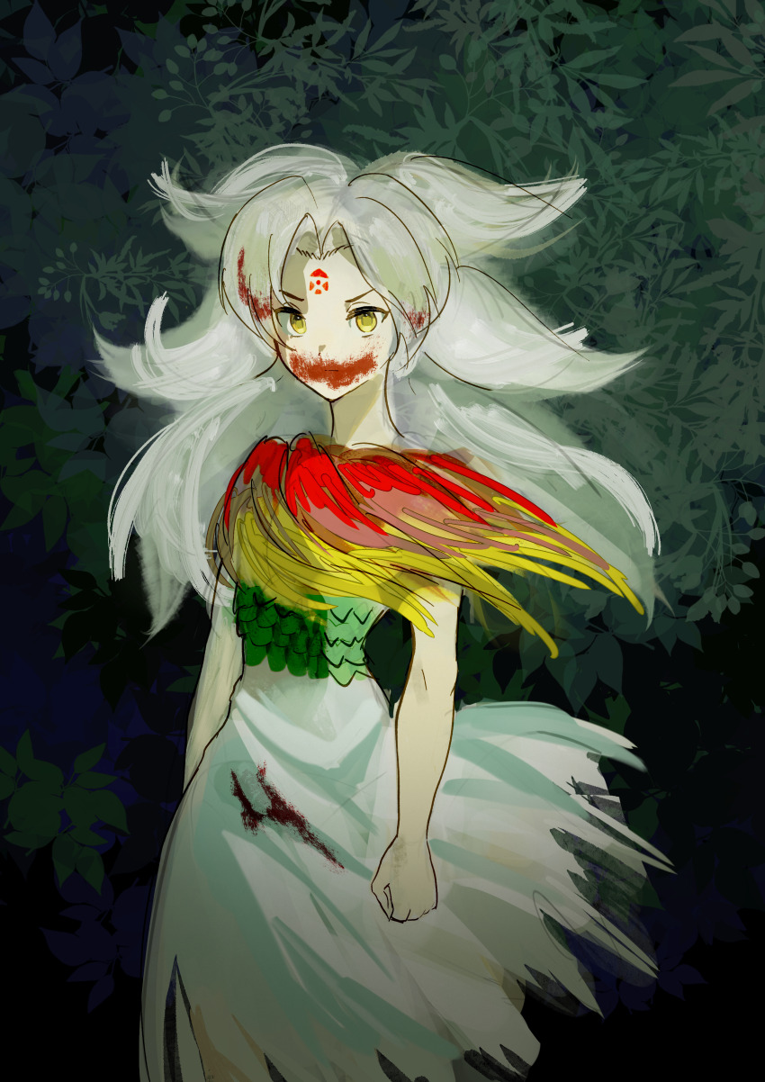 1girl absurdres blood blood_in_hair blood_on_face dress facial_mark forehead_mark fossilized_wonders highres houjuu_chimi indolent-anima_(xwxw8575) long_hair mononoke_hime parted_bangs torn_clothes torn_dress touhou white_dress white_hair yellow_eyes