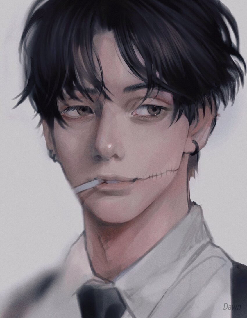 1boy black_hair black_necktie blurry brown_eyes chainsaw_man cigarette collared_shirt depth_of_field ear_piercing expressionless formal_clothes grey_background highres kishibe_(chainsaw_man) kishibe_(young)_(chainsaw_man) male_focus multiple_piercings necktie parted_bangs parted_lips piercing portrait shirt short_hair sideways_glance simple_background solo stitched_mouth stitches white_shirt wind yoon_nov