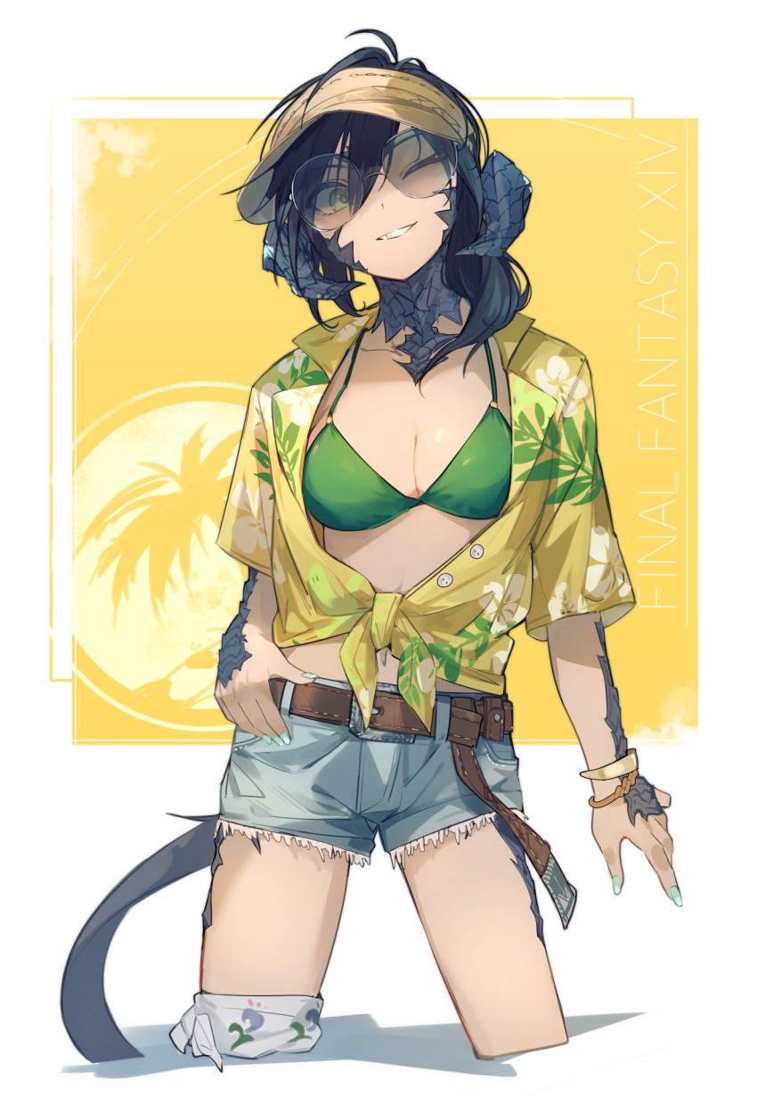 1girl aqua_nails arm_at_side au_ra belt bikini bikini_under_clothes black_hair black_scales blue_shorts bracelet breasts brown_belt buttons cleavage collarbone commentary_request copyright_name cropped_legs cutoffs denim denim_shorts dragon_girl dragon_horns dragon_tail final_fantasy final_fantasy_xiv fingernails floral_print floral_print_shirt front-tie_top glasses gold_bracelet green_bikini green_eyes grey-framed_eyewear grin hair_between_eyes hair_over_shoulder hand_on_own_hip hat head_tilt highres horns jewelry kamatpit large_breasts linea_alba long_hair looking_at_viewer midriff_peek nail_polish navel one_eye_closed open_mouth partial_commentary ponytail scales shirt short_shorts shorts smile solo standing swimsuit tail unbuttoned unbuttoned_shirt visor_cap warrior_of_light_(ff14) white_background yellow_background yellow_hat yellow_shirt