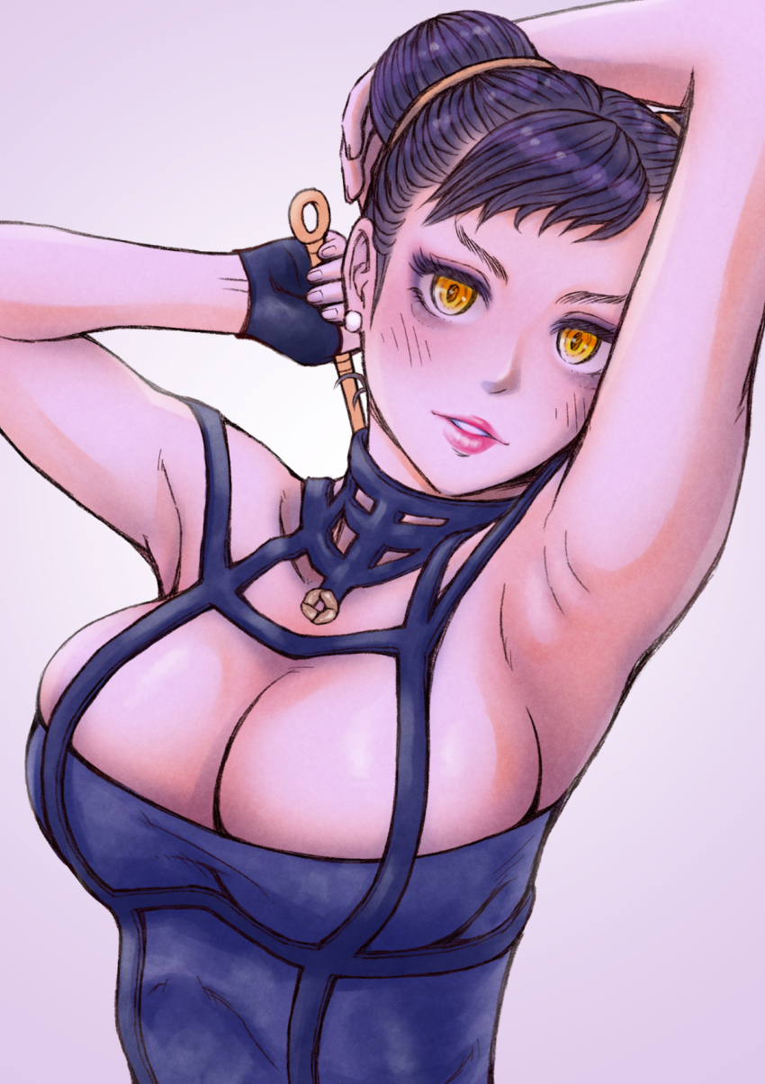 1girl arm_up armpits black_dress black_eyeshadow black_hair breasts capcom chun-li commentary_request cosplay dagger delarocha82 double_bun dress eyeshadow gradient_background hair_bun highres holding holding_dagger holding_knife holding_weapon knife large_breasts looking_at_viewer makeup parted_lips pink_lips presenting_armpit purple_background short_hair sleeveless sleeveless_dress smile solo spy_x_family stiletto_(weapon) street_fighter street_fighter_6 teeth upper_body weapon yellow_eyes yor_briar yor_briar_(cosplay)