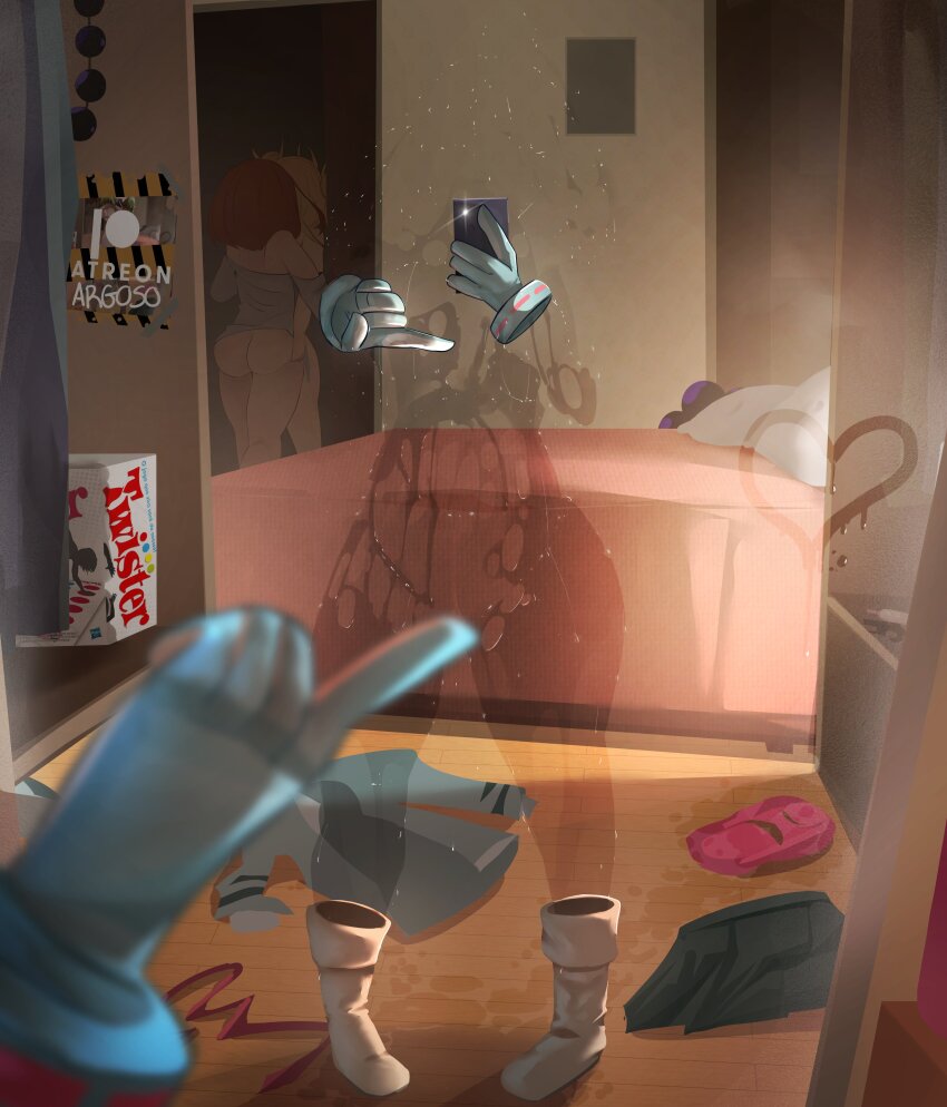 1boy 3girls absurdres argosornstein ass bed boku_no_hero_academia boots cellphone covering_privates female_pov gloves hagakure_toru hiding highres holding holding_phone implied_kiss implied_nudity invisible meme mineta_minoru mirror_selfie multiple_girls one_finger_selfie_challenge_(meme) paid_reward_available panties phone pov reflection reflection_focus school_uniform selfie skirt smartphone taking_picture toga_himiko twister u.a._school_uniform underwear unworn_clothes unworn_panties unworn_skirt uraraka_ochaco wet yuri