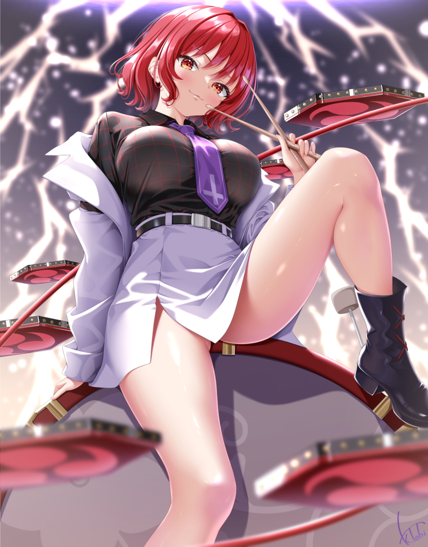 1girl :3 belt black_belt black_boots blush boots breasts commentary commission double_dealing_character drum drum_set drumsticks gluteal_fold highres holding holding_drumsticks horikawa_raiko instrument jacket kogarashi_tobi large_breasts lightning long_sleeves looking_at_viewer mitsudomoe_(shape) necktie plaid_clothes plaid_shirt purple_necktie red_eyes red_hair shirt short_hair signature sitting_on_drum skeb_commission skirt solo suit_jacket thighs tomoe_(symbol) touhou white_jacket