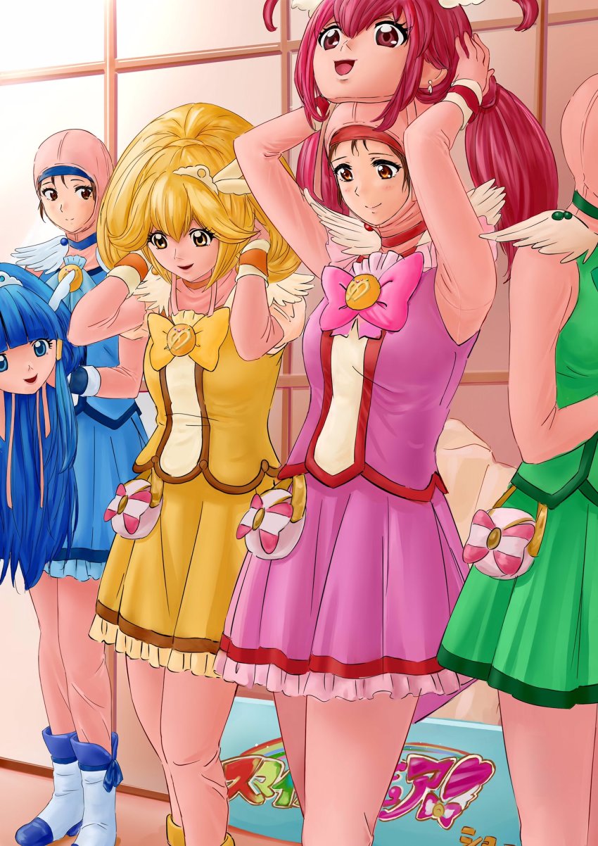 4girls anigurum animegao armpits blonde_hair blue_eyes blue_hair blush bob_cut bodysuit bodysuit_under_clothes boots breasts brown_eyes brown_hair character_request copyright_request cosplay costume cure_beauty cure_beauty_(cosplay) cure_happy cure_happy_(cosplay) cure_march cure_march_(cosplay) cure_peace cure_peace_(cosplay) dress dressing highres idol indoors kigurumi legs long_hair mask mask_on_head medium_breasts multiple_girls ponytail precure red_eyes red_hair short_hair skirt small_breasts smile_precure! standing thighs twintails yellow_eyes