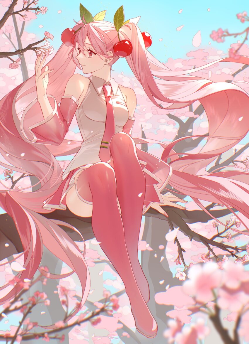 1girl bare_shoulders boots breasts cherry cherry_blossoms cherry_hair_ornament collared_shirt commentary detached_sleeves falling_petals flower food food-themed_hair_ornament fruit full_body hair_between_eyes hair_ornament hatsune_miku highres in_tree long_hair looking_at_flowers looking_to_the_side necktie official_alternate_costume petals pink_boots pink_eyes pink_hair pink_nails pink_necktie pink_skirt pink_sleeves pink_theme pleated_skirt sakura_miku shirt sitting sitting_in_tree skirt sleeveless sleeveless_shirt small_breasts solo thigh_boots thighhighs tie_clip tree twintails untucked_shirt uryoko very_long_hair vocaloid white_shirt wide_sleeves wind zettai_ryouiki