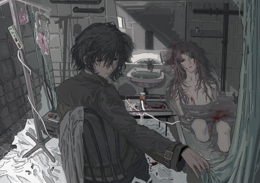 2boys absurdres bathroom bathtub black_eyes black_hair black_jacket black_pants blood blood_bag blood_in_water blood_on_chest chair closed_mouth commentary curtained_hair english_commentary expressionless film_grain hatsutori_hajime highres indoors iv_stand jacket long_hair long_sleeves male_focus mirror multiple_boys nude on_chair pants parted_bangs pill_bottle pink_hair power_strip red_eyes saibou_shinkyoku shower_curtain sink sitting stone_floor tile_wall tiles tray utsugi_noriyuki vi_(rem21764)