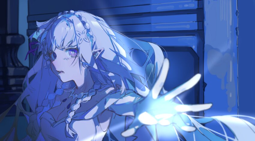 1girl absurdres bare_shoulders blue_light blue_theme braid breasts cleavage crown_braid dress elf emilia_(re:zero) from_side grey_hair hair_ornament hashtag-only_commentary highres jewelry kurattes long_hair long_sidelocks looking_at_viewer medium_breasts necklace pointy_ears purple_eyes re:zero_kara_hajimeru_isekai_seikatsu reaching reaching_towards_viewer ribbon sidelighting sidelocks solo white_dress white_hair x_hair_ornament